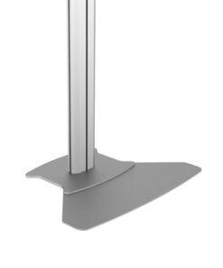 Zilverkleurige metalen vloerniveau standaard, rechthoekige voet en verticale steunen.