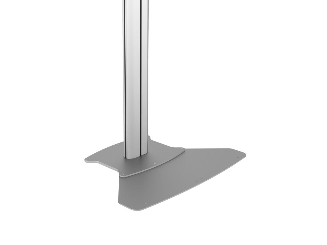 Zilverkleurige metalen vloerniveau standaard, rechthoekige voet en verticale steunen.