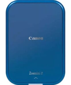 Canon Zoemini 2-compacte draagbare printer, blauw Blauwe Canon Zoemini 2-printer van voren gefotografeerd, compact van formaat.