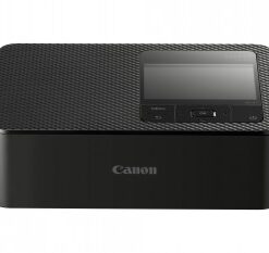 Canon Selphy CP1500 zwarte compacte fotoprinter Zwarte Canon Selphy CP1500-printer, compact ontwerp en digitaal monitor aan de voorkant.