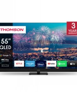 Thomson 55" QLED Plus UHD Google Smart TV – scherp beeldkwaliteit en modern ontw... Thomson 55 inch QLED Plus UHD Google Smart TV met stadszicht in de avond en vuurwerk.