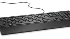 Dell KB216 bekabeld USB-toetsenbord met Finse indeling Een zwarte Dell USB-toetsenbord met een lange kabel. Schuin van opzij gezien.