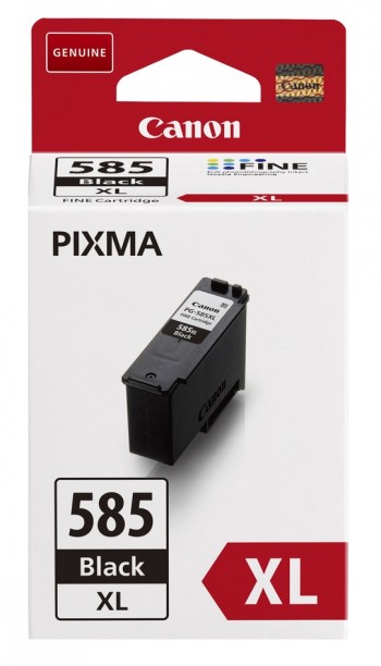 Canon PG-585XL inktcartridge verpakking, witte en rode doos, zwarte cartridge zichtbaar.