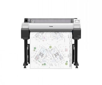 Canon grootformaatprinter, wit en zwart, print een architectuurtekening op A0-formaat.