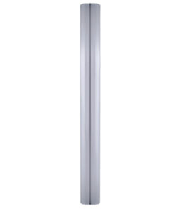 Zilverkleurige verticale monitortandem met een stroomrail, afgebeeld van voren.