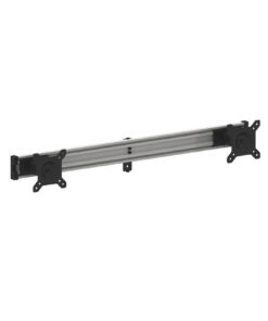 Zilverkleurige dubbele monitortafelstandaard voor twee monitoren van 15-32 inch, met zwarte bevestigingspunten.