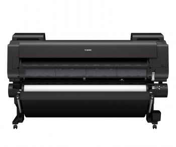 Brede zwarte Canon ImagePrograf Pro-6600 grootformaatprinter, van voren gefotografeerd op een standaard.