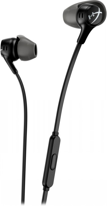 Zwarte HyperX Cloud Earbuds II-oordopjes met een dunne kabel en microfoon.