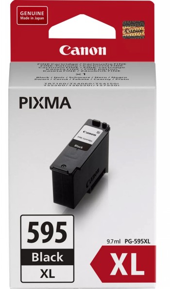Canon PG-595XL inktcartridge verpakking, witte achtergrond, zwarte XL-cartridge zichtbaar.