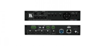 Kramer MV-4X Multi-Viewer en matrixschakelaar voor- en achterkant Kramer MV-4X veelzijdige matrixschakelaar, zwart, voor- en achterkant, twee rijnzichtafbeeldingen.