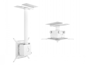 Witte Multibrackets-projector plafondbeugel, verstelbare hoogte en metalen constructie.