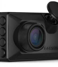 Zwarte Garmin Dash Cam Mini X110 dashboardcamera, lens en knoppen vanaf de voorkant gefotografeerd.