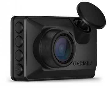 Zwarte Garmin Dash Cam Mini X110 dashboardcamera, lens en knoppen vanaf de voorkant gefotografeerd.