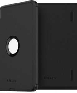 Otterbox iPad Air (5e en 4e Gen) Defender Series-hoes, zwart Zwarte Otterbox iPad Air-hoes met een ronde opening in het midden en een matte afwerking.