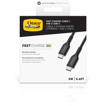 Otterbox USB-C-kabel 2 meter zwart in verpakking Zwarte Otterbox USB-C-kabel, lengte 2 meter, zwarte kabel en aansluitingen, teksten en logo's zichtbaar aan de voorkant van de verpakking.