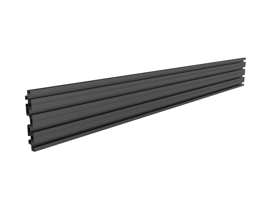 Zwart, horizontaal metalen frame van 100 cm lang voor één monitor, minimalistisch design.