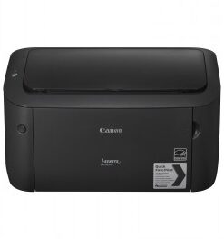 Zwarte Canon i-SENSYS LBP6030B-laserprinter van voren gezien, minimalistisch ontwerp.