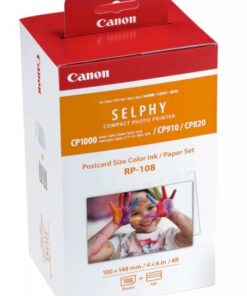 Canon RP-108 kleurinkt- en papier set voor 108 fotovellen. Canon RP-108 verpakking met kleurinkt en papier set, bevat 108 vellen, aan de voorkant een foto van een glimlachend kind in handen...