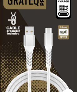 Witte GRATEQ PRO USB-A - USB-C kabel, 1,5 m lang, inclusief kabelorganisator.