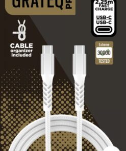 Witte Grateq Pro USB-C naar USB-C 240W kabel, gevlochten ontwerp, 2,25 meter lang, met kabelclip.