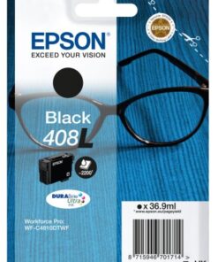 Epson 408L inktcartridge, zwart, in de verpakking met zwarte bril op een blauwe achtergrond.