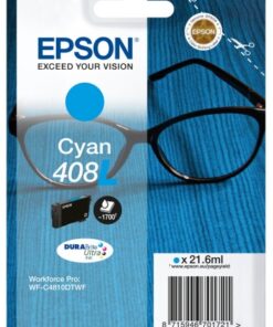 Epson's blauwe Cyan 408L inktcartridge in verpakking, met glaspatroon op de achtergrond.