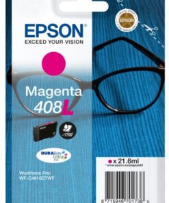 Epson magenta-inktpatroon in verpakking, witte achtergrond en blauw patroon.