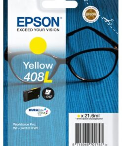 Epson gele 408L inktcartridge in verpakking, blauwe achtergrond.