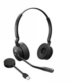 Zwarte Jabra Engage 55 SE MS Stereo-headset met USB-aansluiting, inclusief basisstation.