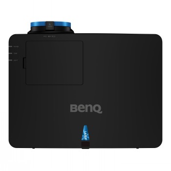 Benq LK954ST 4K UHD laserprojector voor stijlvolle presentaties. Benq LK954ST zwarte projector, van bovenaf gefotografeerd, met blauwe details.