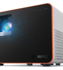 Benq X3100i LED 4K-projector met honingraatpatroon Zwart-witte LED-lens van een projector, honingraatpatroon aan de voorkant en het bedrijfslogo onderaan.