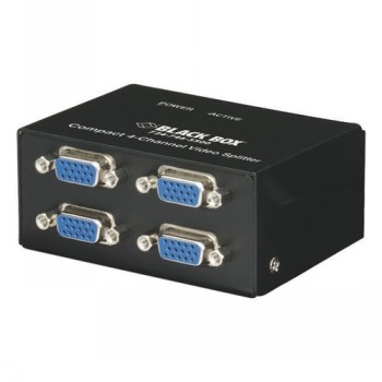 Zwarte 4-kanaals Black Box VGA-videosplitter met vier blauw-witte VGA-poorten aan de voorkant.