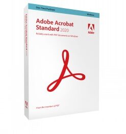 Retailverpakking van de Adobe Acrobat Standard 2020-software Adobe Acrobat Standard 2020 retailverpakking, witte doos met rood logo.
