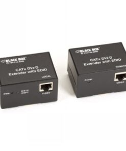 Twee zwarte Black Box CATx DVI-D extenderkits met aansluitingen en LED-lampjes.