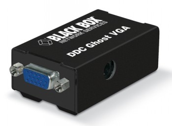 Zwarte, rechthoekige Black Box VGA DDC Ghost-adapter met een blauwe VGA-connector.
