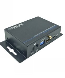 Zwarte rechthoekige HDMI 2.0 audio-embedder/de-embedder met de aansluitingen zichtbaar aan de voorkant.