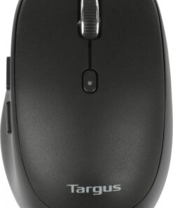 Targus Midsize Comfort draadloze muis - stijlvol en ergonomisch design. Zwarte, middelgrote draadloze muis met Targus-logo en ergonomisch ontwerp.