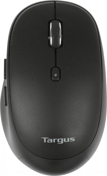 Targus Midsize Comfort draadloze muis - stijlvol en ergonomisch design. Zwarte, middelgrote draadloze muis met Targus-logo en ergonomisch ontwerp.