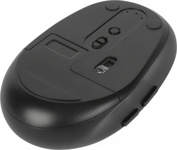 Targus Midsize Comfort draadloze muis, zwart, onderaanzicht Zwarte draadloze Targus-muis, gezien van onderen. Knoppen, glijvlakken en sensor zijn zichtbaar.