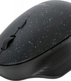 Targus ErgoFlip EcoSmart-muis voor links- en rechtshandigen Zwarte, ergonomisch ontworpen draadloze muis met groene stippen, afgebeeld vanuit een schuine hoek.