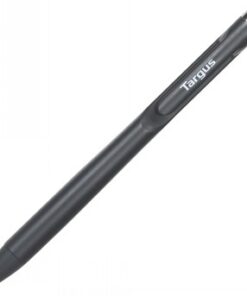 Zwarte Targus-aanraakschermpen met stylus-tip en balpenfunctie. Horizontale weergave op een witte achtergrond.