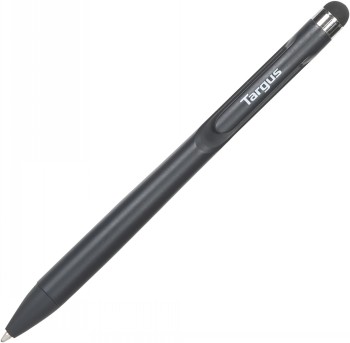 Zwarte Targus-aanraakschermpen met stylus-tip en balpenfunctie. Horizontale weergave op een witte achtergrond.