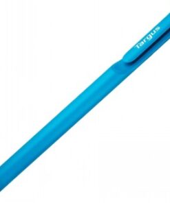 Blauwe Targus aanraakschermstylus met versterkte metalen punt op een witte achtergrond.