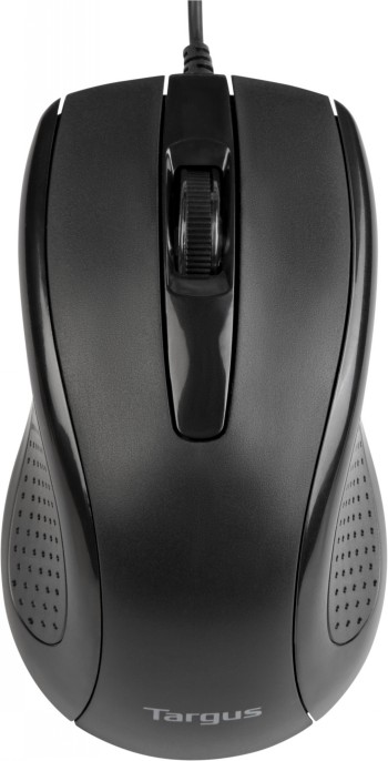 Targus bedrade full-size muis met antimicrobiële coating. Zwarte full-size bedrade muis, ergonomisch ontwerp, Targus-logo aan de voorkant.