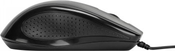 Targus Full-Size Optical Antimicrobiële ergonomische bedrade muis Zijprofiel van een zwarte optische bedrade muis met ergonomisch ontwerp en getextureerd oppervlak.