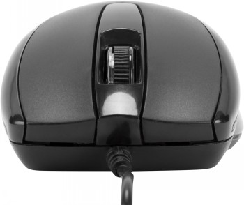 Targus bedrade antibacteriële full-size optische muis Zwarte full-size optische muis met bedrade aansluiting en antibacterieel oppervlak. Afgebeeld van voren, kabel op de voorgrond.