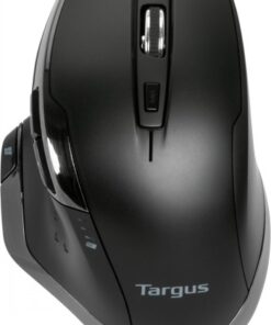 Targus Bluetrace draadloze antimicrobiële muis, zwart. Zwarte draadloze Targus-muis, ergonomisch design en zilveren logo zichtbaar van bovenaf.