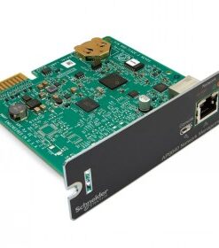 Netwerkgestuurde APC UPS Network Management Card 3, groene printplaat met zwart frontpaneel.