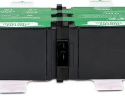 Groene en zwarte rechthoekige APC-batterij, twee aansluitingen in het midden, vooraanzicht.