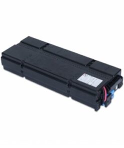 APC Replacement Battery Cartridge #155, zwarte beschermbehuizing, rechthoekig ontwe... Rechthoekige reservebatterij in een zwarte behuizing met aansluitingen in de hoek onderaan op een lichte achtergrond.